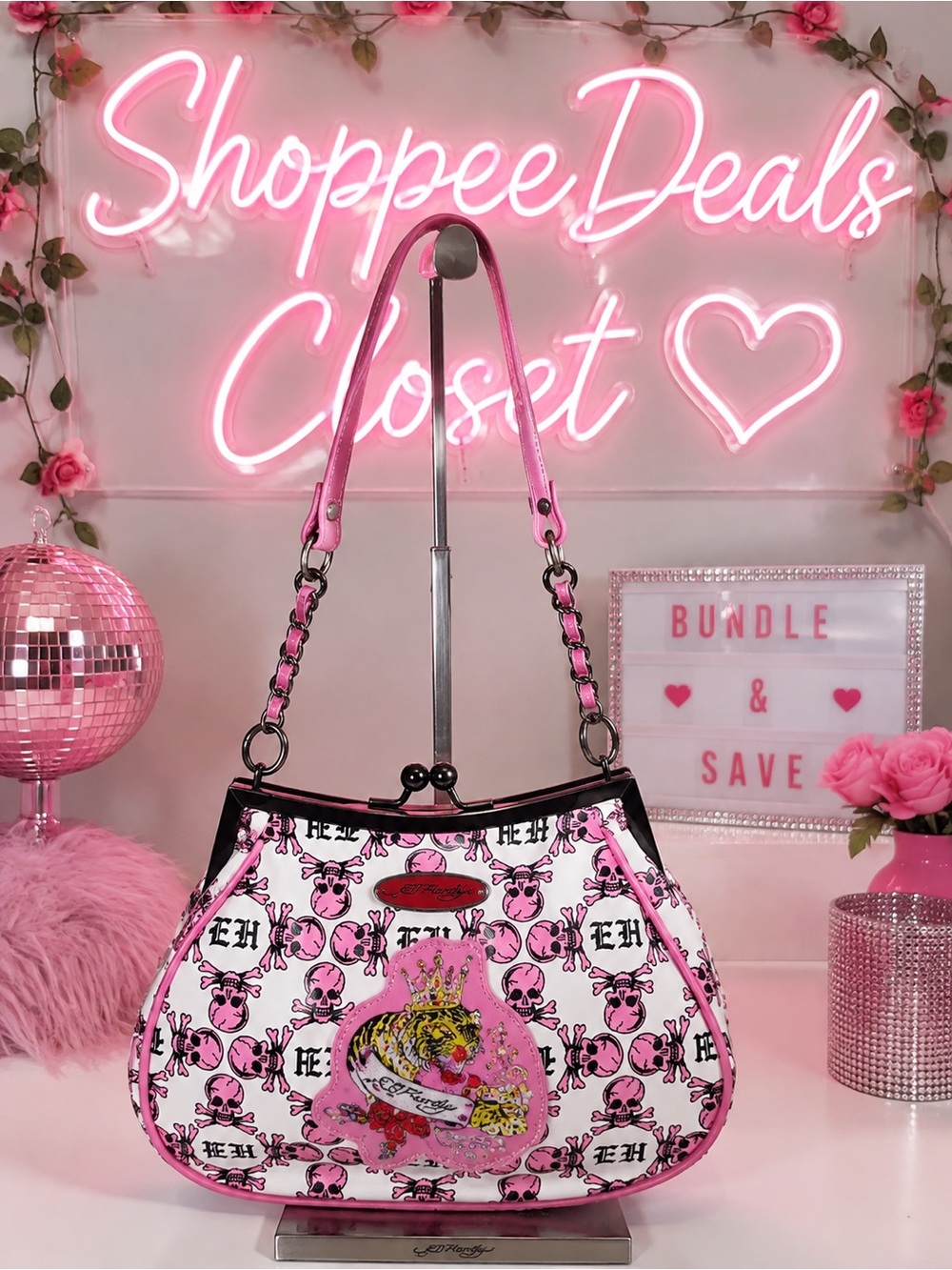Ed Hardy Y2K Skull Tiger Rhinestone Kiss Lock Shoulder Bag Pink White NWT